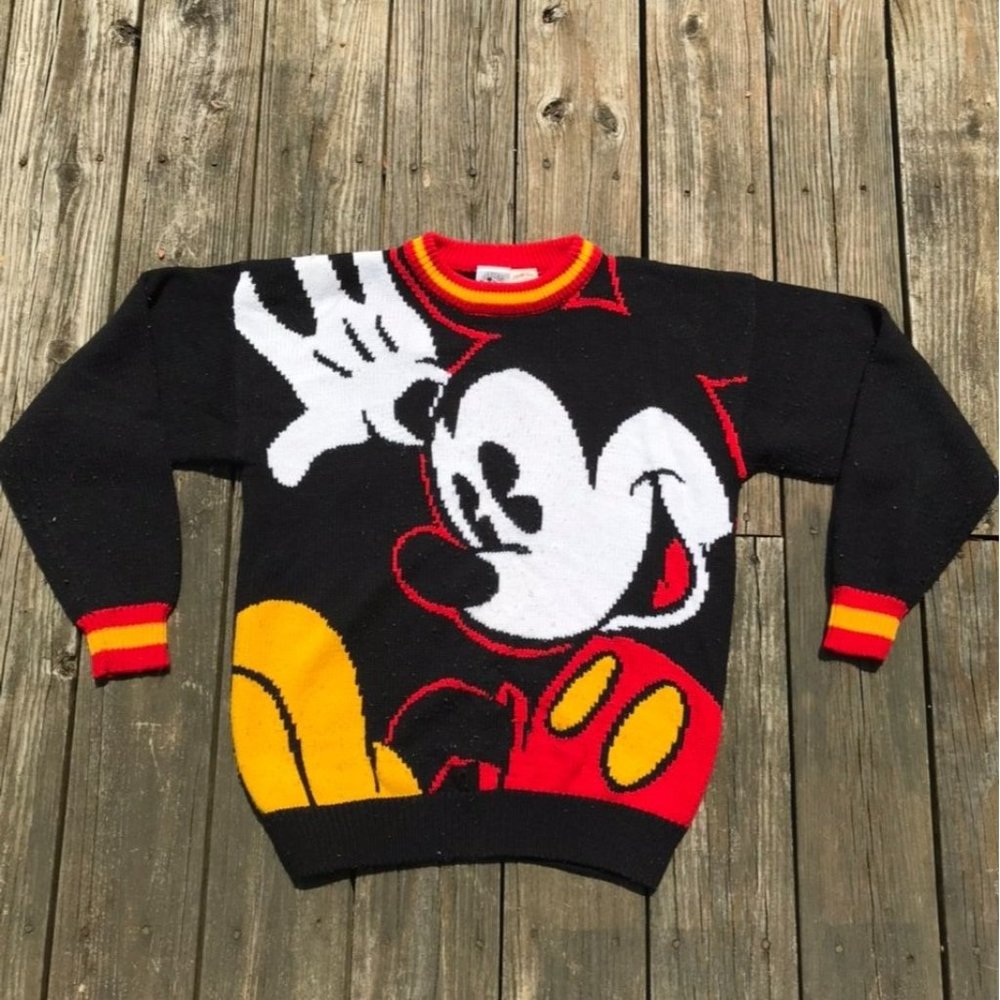 Vintage 1970's AOP Mickey Mouse Official Disney Yellow Black and Red Knit Sweate